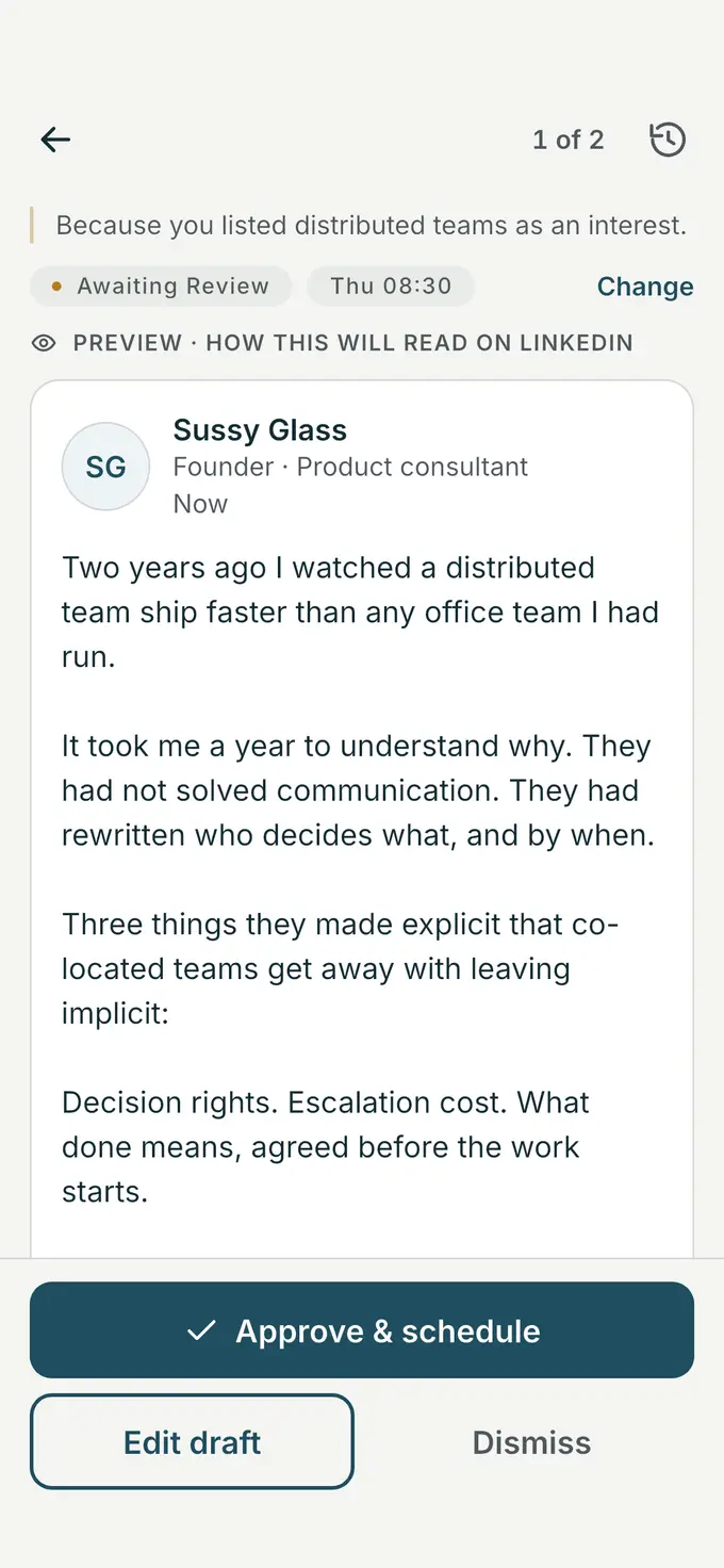 The Omadraft app showing a post drafted for Sussy Glass, previewed as it will read on LinkedIn, with the buttons Approve & schedule and Edit draft.