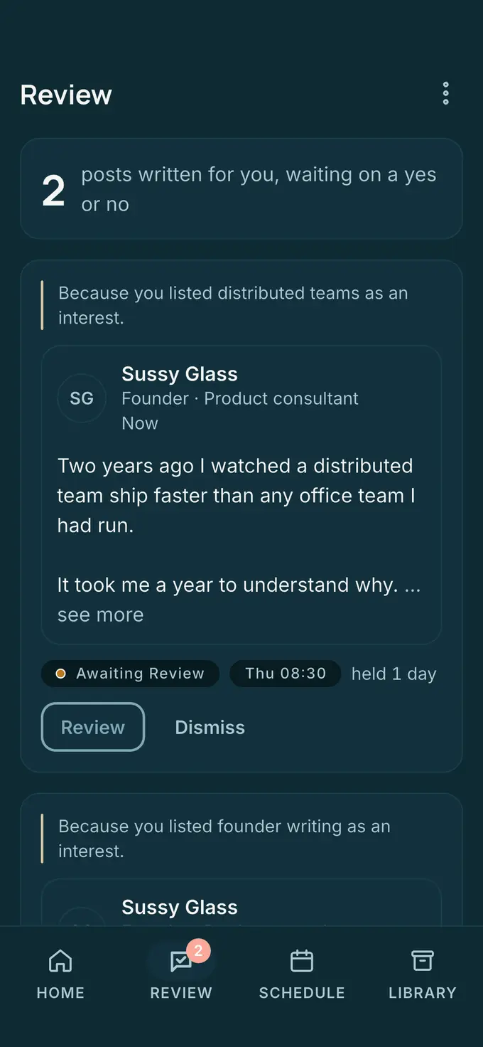 The Omadraft review queue: two posts written for Sussy Glass, each waiting for a yes or no.
